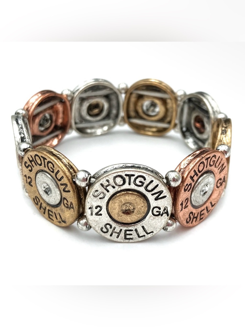 NWT Large 12 GA Shotgun Bullet Shell Stretch Bracelet Tri-Tone Metal